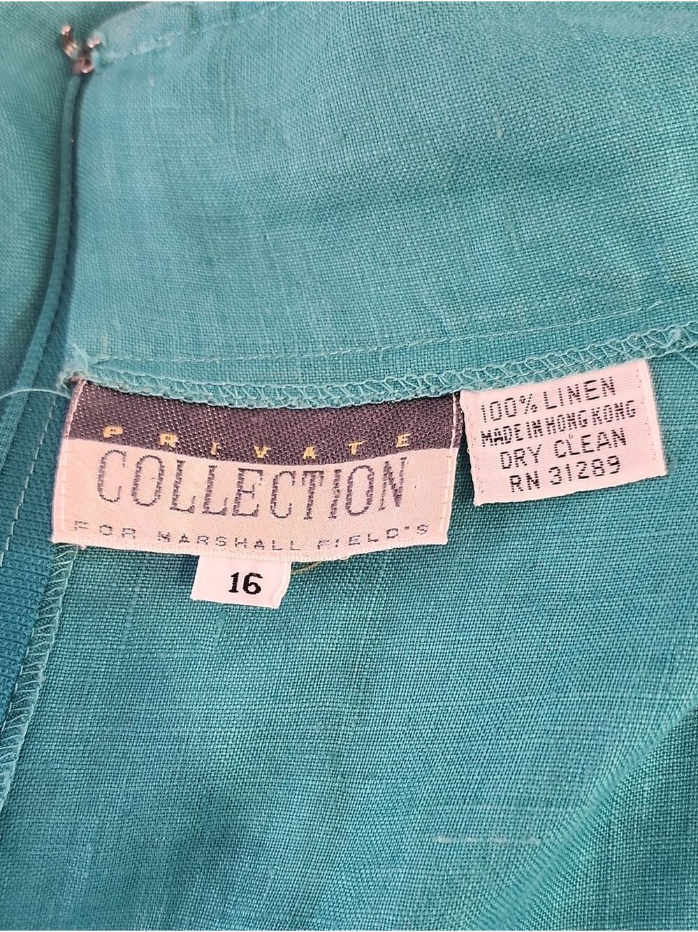 Private Collection Vintage Shift Dress Teal Short Sleeve 100% Linen 16 Art Deco - Picture 5 of 11
